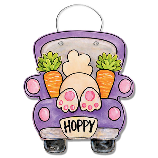 Hoppy Bunny Truck Purple Door Hanger