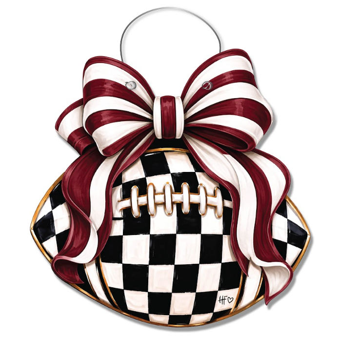 Checkered Football Bows Maroon White Door Hanger