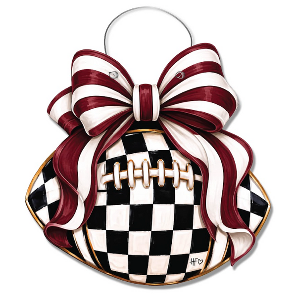 Checkered Football Bows Maroon White Door Hanger