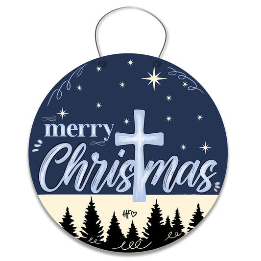 Merry Christmas Blue Night Sky Cross Door Hanger