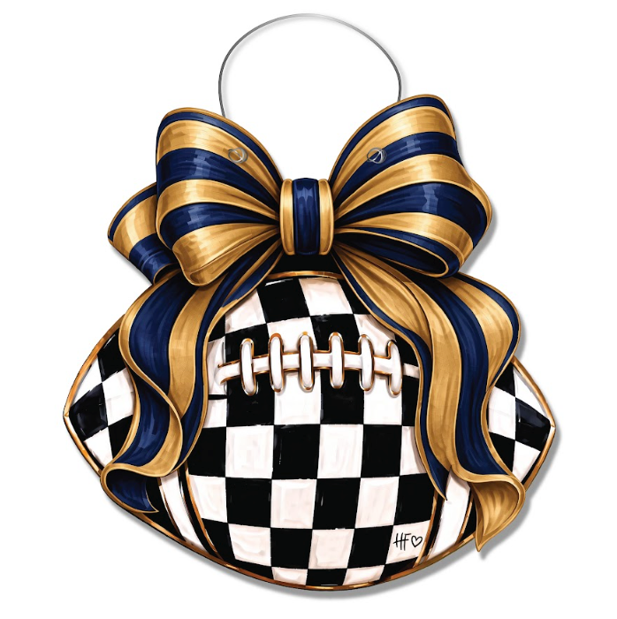 Checkered Football Bows Navy Gold Door Hanger