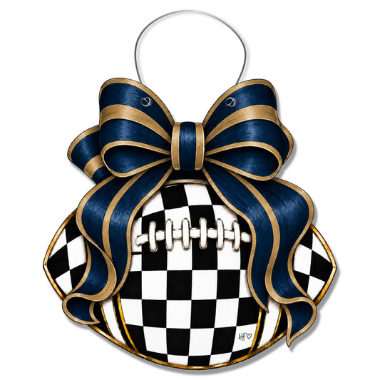 Checkered Football Bows Navy Gold Door Hanger