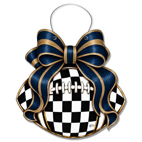 Checkered Football Bows Navy Gold Door Hanger