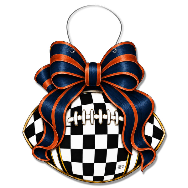 Checkered Football Bows Navy Orange Door Hanger
