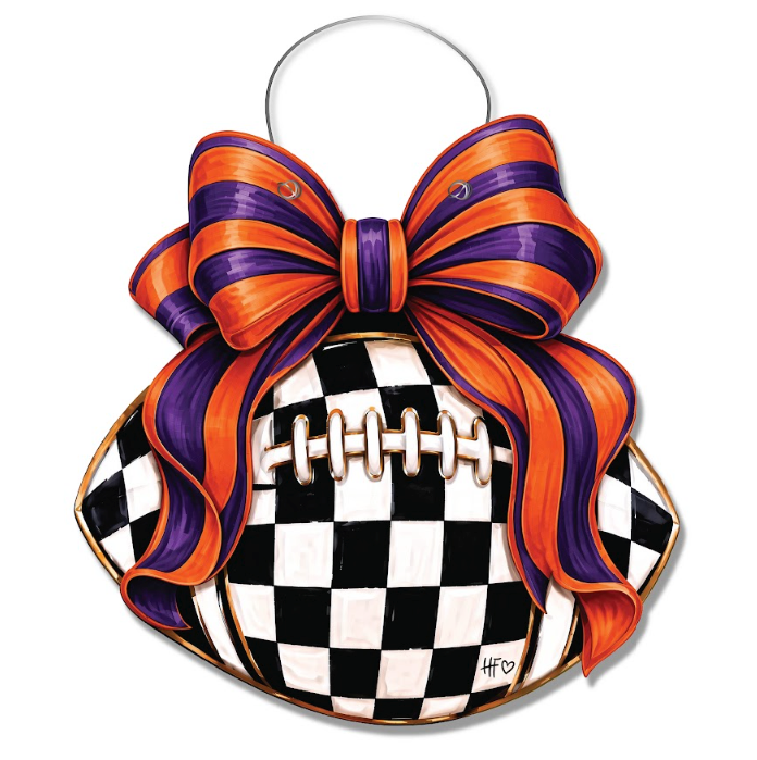 Checkered Football Bows Orange Purple Door Hanger