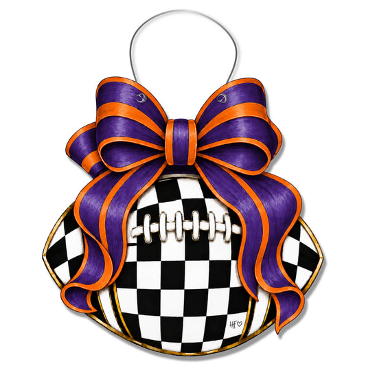 Checkered Football Bows Orange Purple Door Hanger