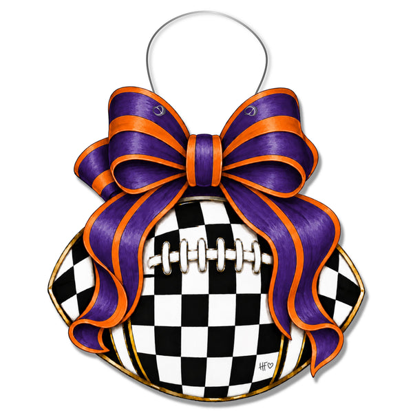 Checkered Football Bows Orange Purple Door Hanger