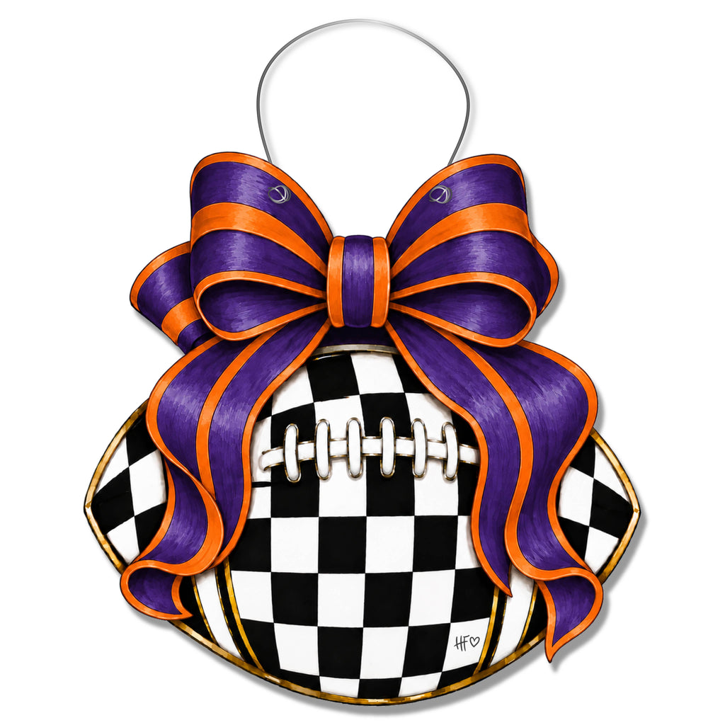 Checkered Football Bows Orange Purple Door Hanger