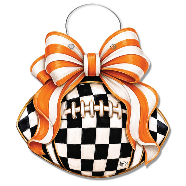 Checkered Football Bows Orange White Door Hanger