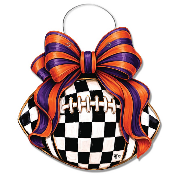 Checkered Football Bows Orange Purple Door Hanger