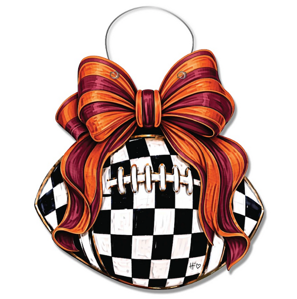 Checkered Football Bows Garnet & Orange Door Hanger