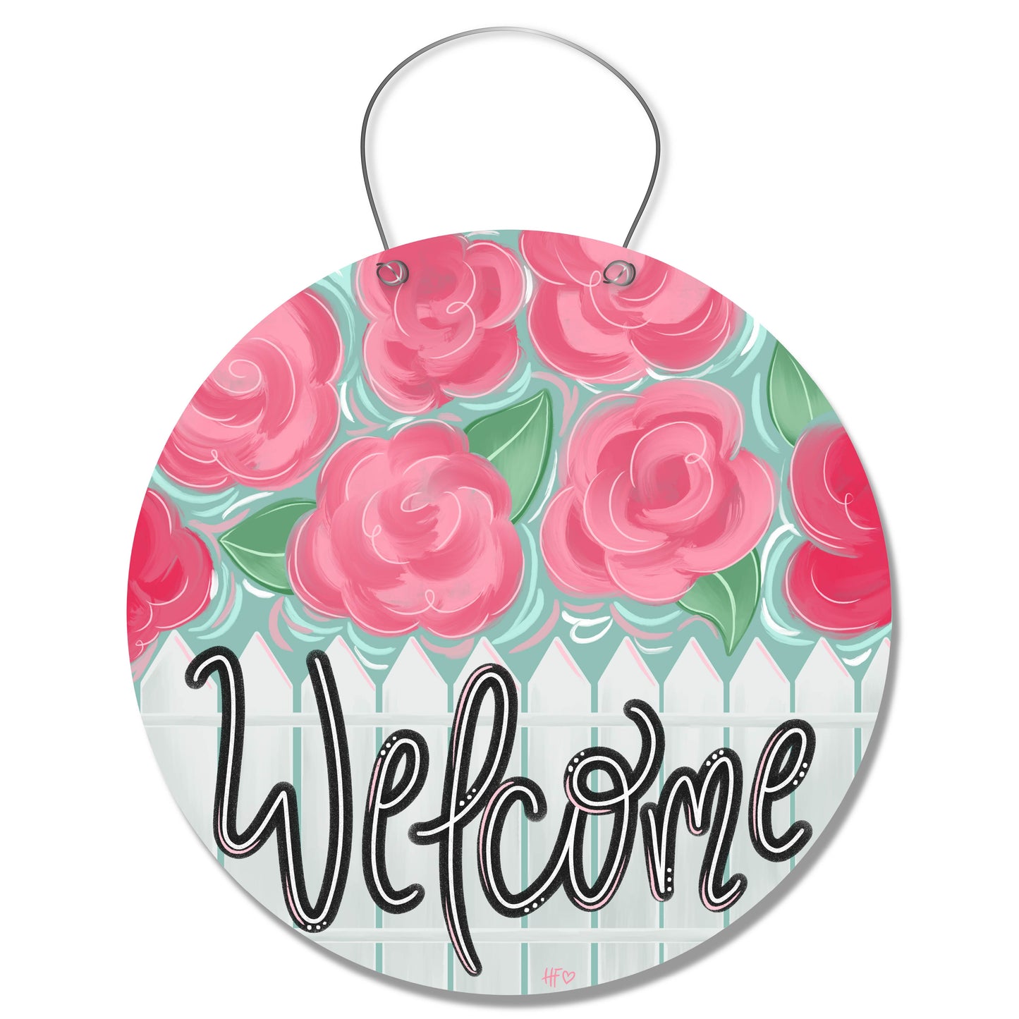 Pink Flower Fence Welcome Door Hanger