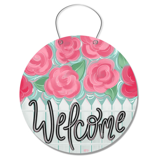 Pink Flower Fence Welcome Door Hanger