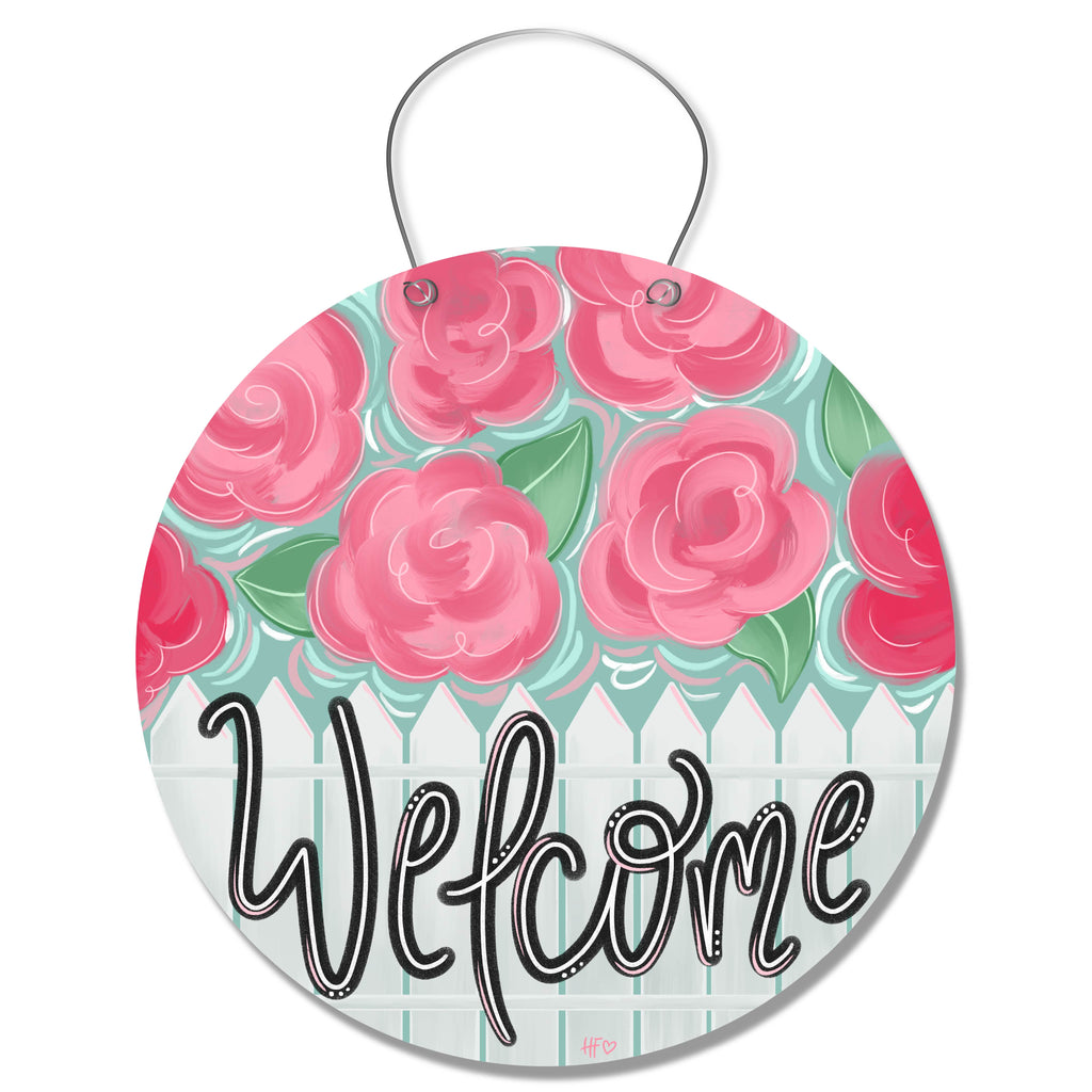 Pink Flower Fence Welcome Door Hanger