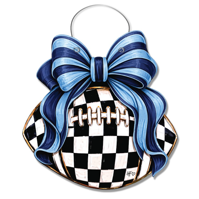 Checkered Football Bows Powder Blue Door Hanger