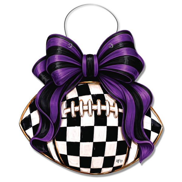 Checkered Football Bows Purple Black Door Hanger