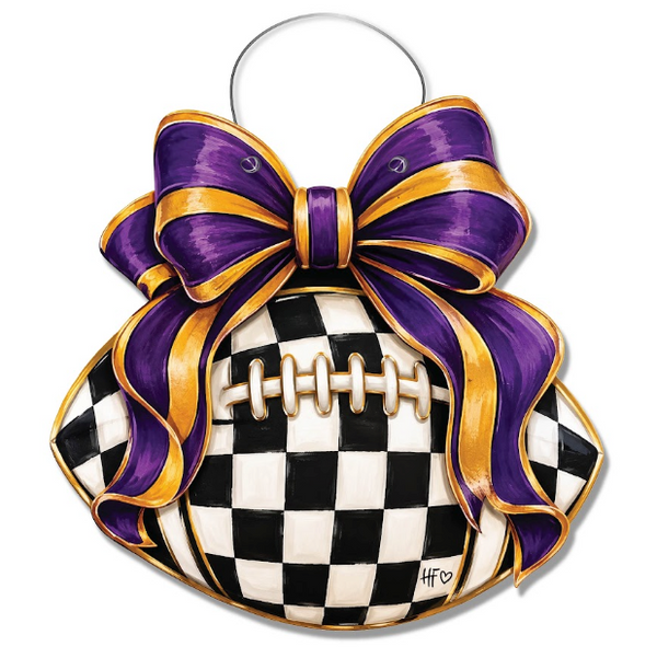 Checkered Football Bows Purple Gold Door Hanger