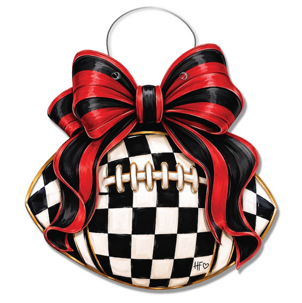 Checkered Football Bows Red Black Door Hanger