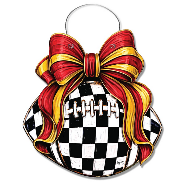 Checkered Football Bows Red Gold Door Hanger