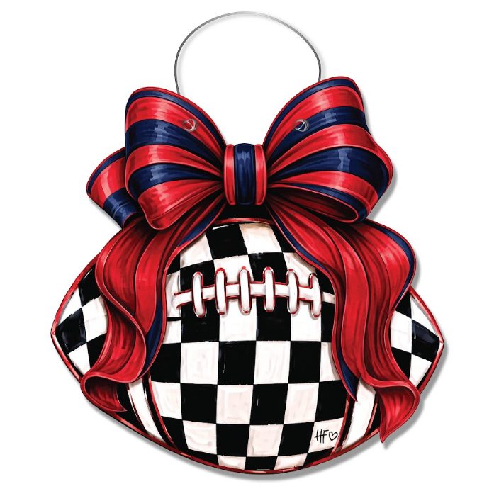 Checkered Football Bows Red Navy Door Hanger