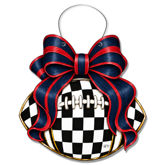 Checkered Football Bows Red Navy Door Hanger