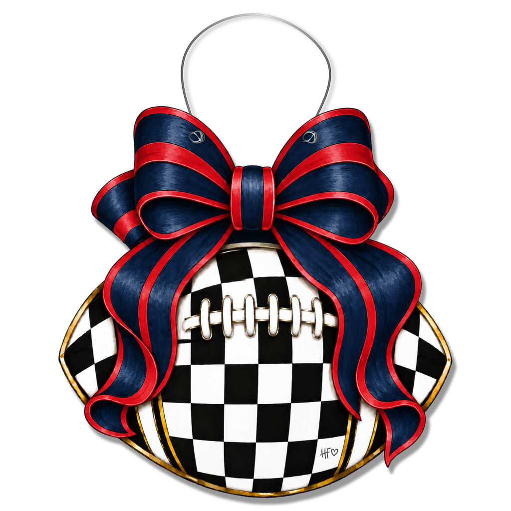 Checkered Football Bows Red Navy Door Hanger