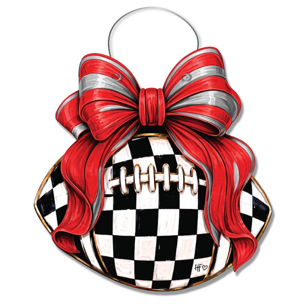Checkered Football Bows Red Silver Door Hanger