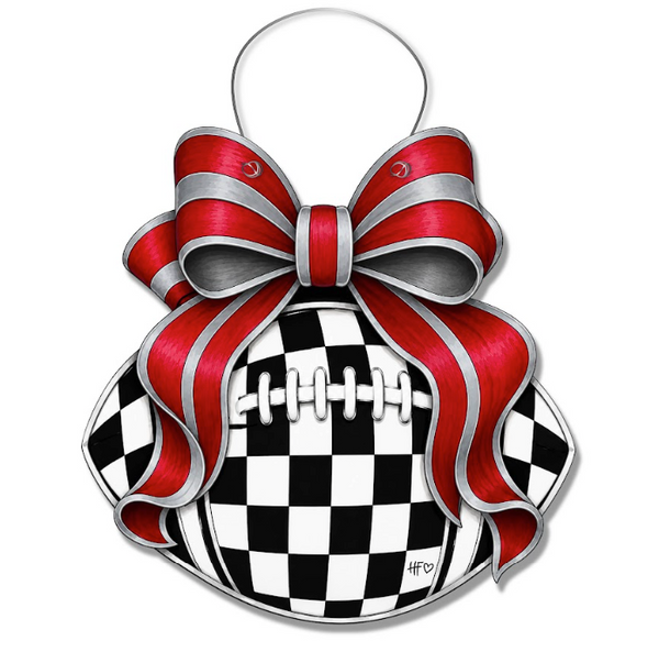 Checkered Football Bows Red Gray Door Hanger