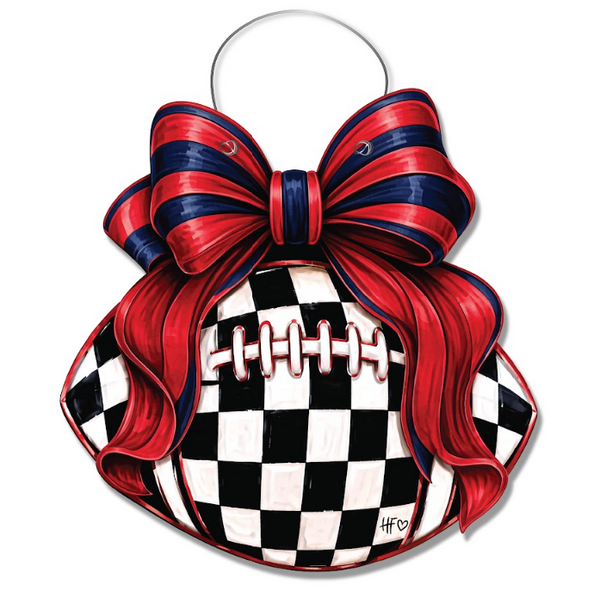 Checkered Football Bows Red Navy Door Hanger