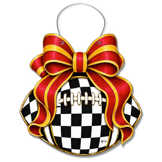 Checkered Football Bows Red Yellow Door Hanger