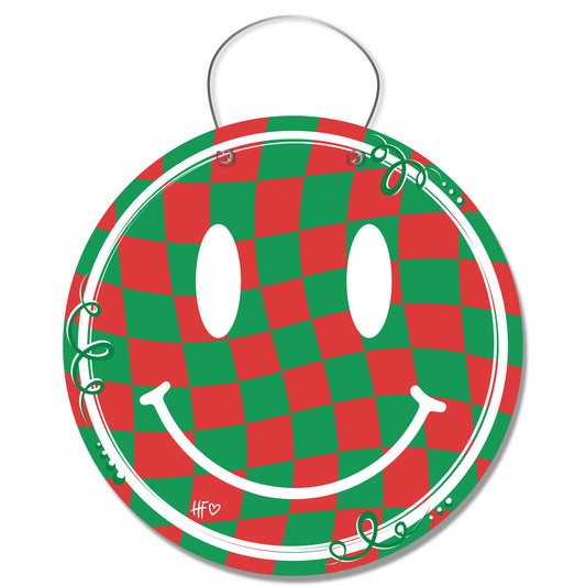 Checkerboard Christmas Smiley Face Door Hanger