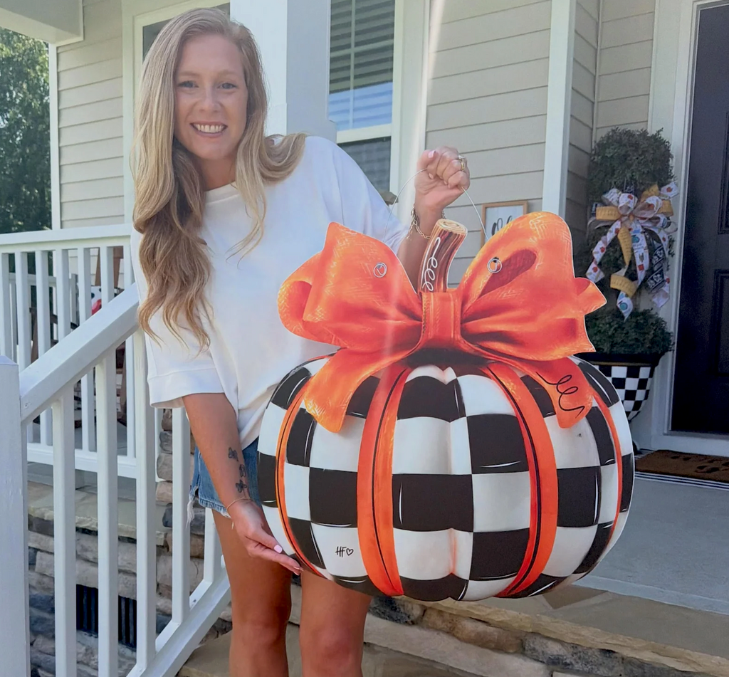 Elegant Checkered Pumpkin Door Hanger