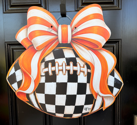 Checkered Football Bows Orange White Door Hanger