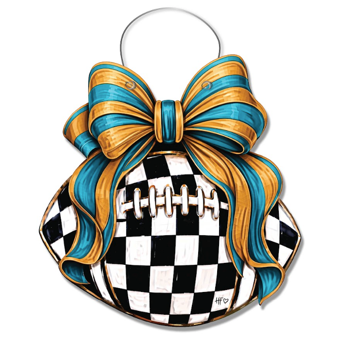 Checkered Football Bows Teal Gold Door Hanger