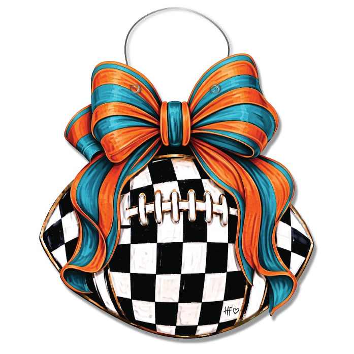 Checkered Football Bows Teal Orange Door Hanger
