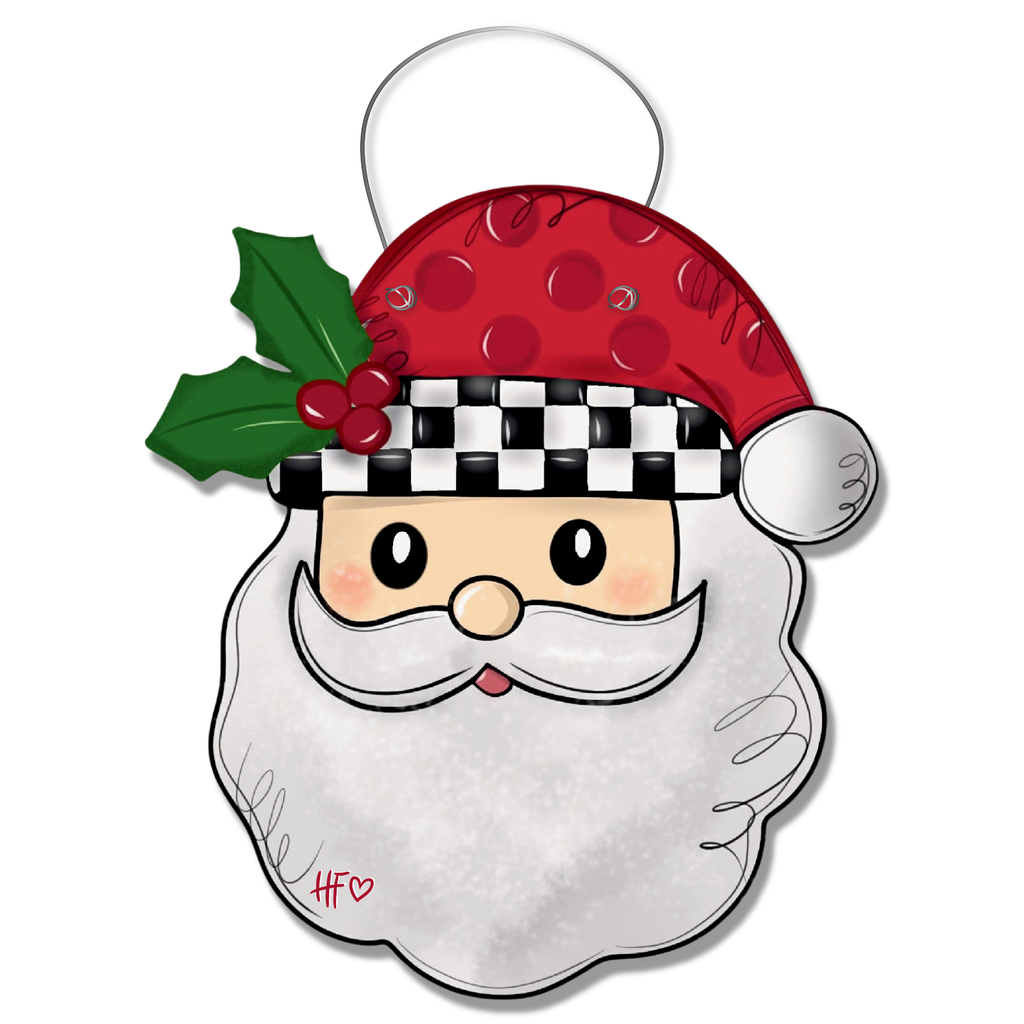 Checkerboard Holly Santa Claus Christmas Door Hanger