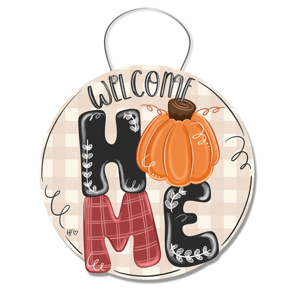 Welcome Home Plaid Pumpkin Door Hanger
