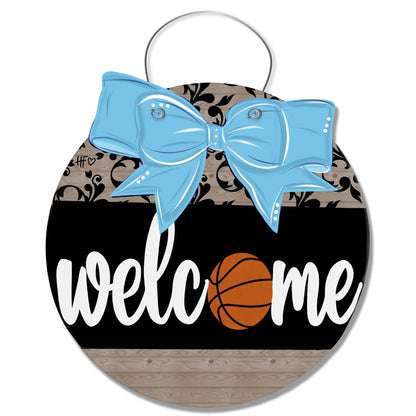 Basketball Welcome with Bow (Carolina Blue) Door Hanger