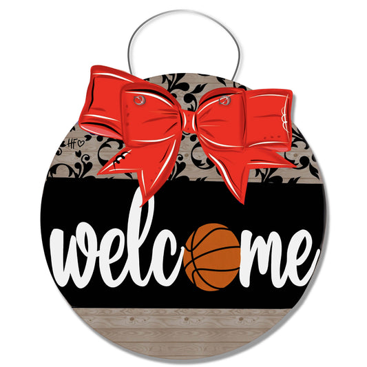 Basketball Welcome with Bow (Red) Door Hanger