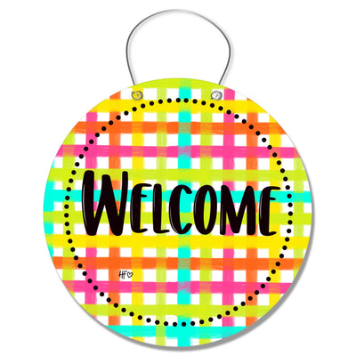 Welcome Happy Plaid Door Hanger