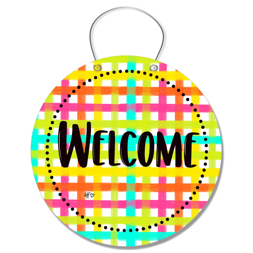 Welcome Happy Plaid Door Hanger