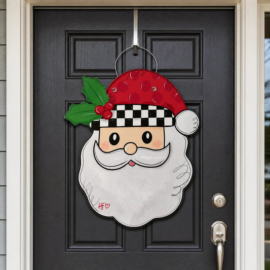 Checkerboard Holly Santa Claus Christmas Door Hanger