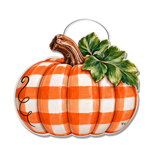 Orange Plaid Pumpkin Door Hanger