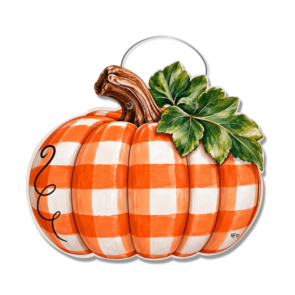 Orange Plaid Pumpkin Door Hanger