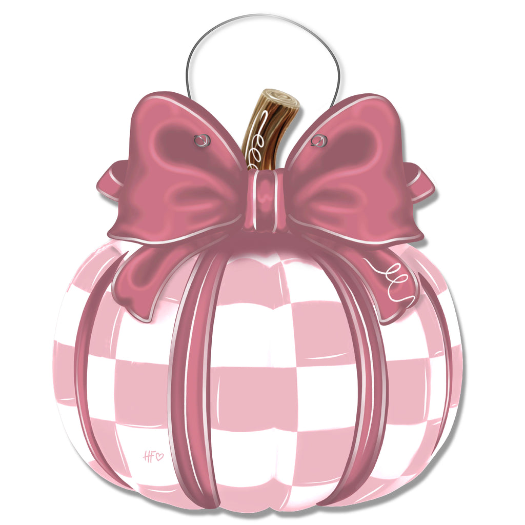 Pink Checkered Pumpkin Door Hanger