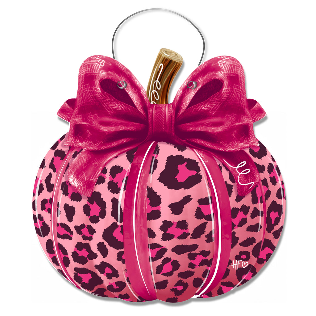 Pink Leopard Pumpkin Door Hanger